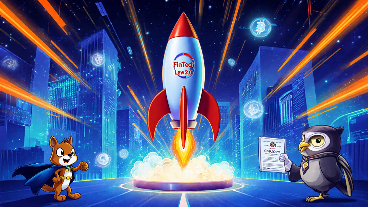 Cartoon futuristic fintech hub with rocket, open‑finance data streams, and regulator owl.