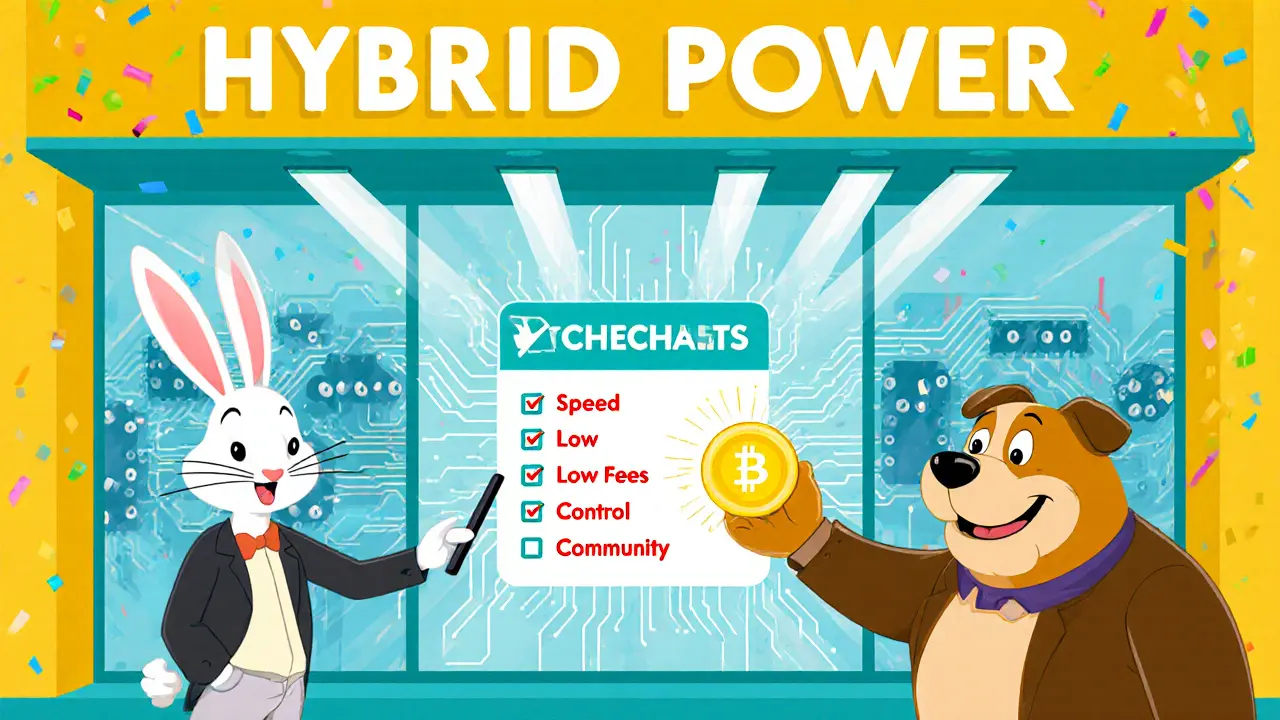 Cartoon rabbit and bulldog at a hybrid NFT storefront mixing UI screen and blockchain nodes.