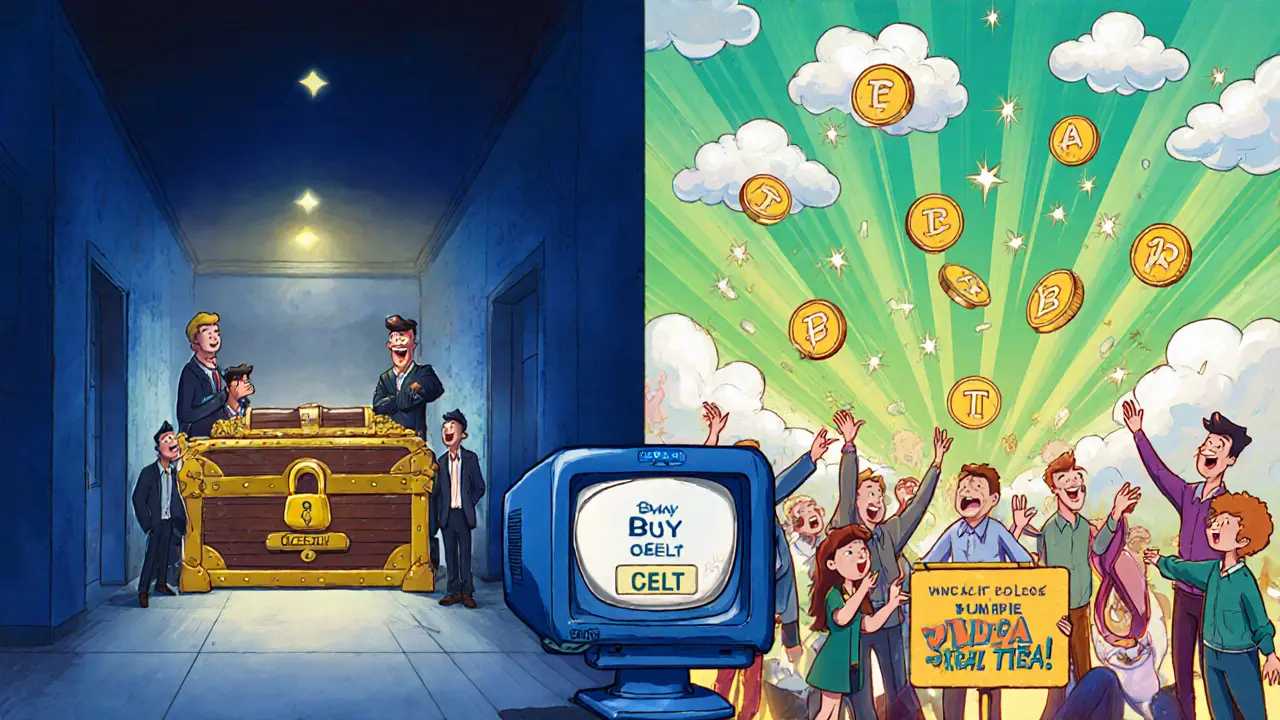 Cartoon split scene: locked CELT chest versus a TIA token rain airdrop with developers, featuring Bitget exchange.