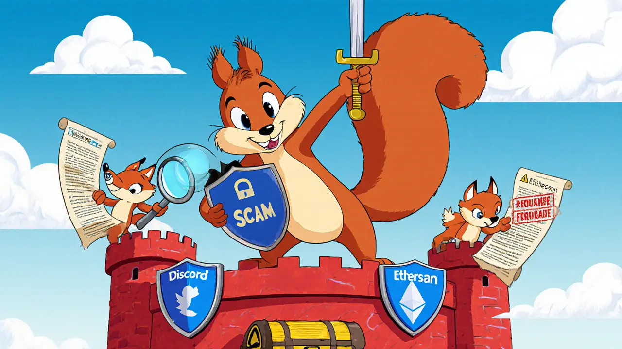Heroic squirrel defends a treasure chest from scam foxes with Discord and Twitter shields.