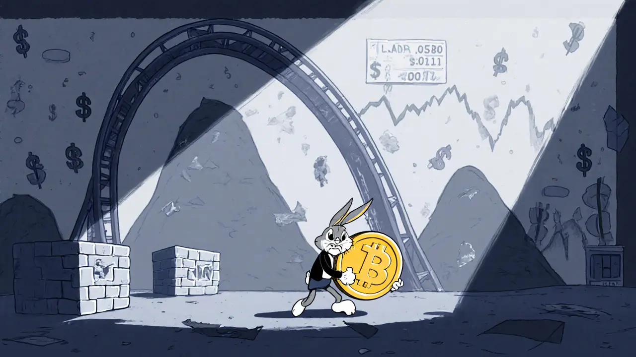 Cartoon trading floor with a bunny trader, plummeting price chart, and brick‑wall resistance levels.