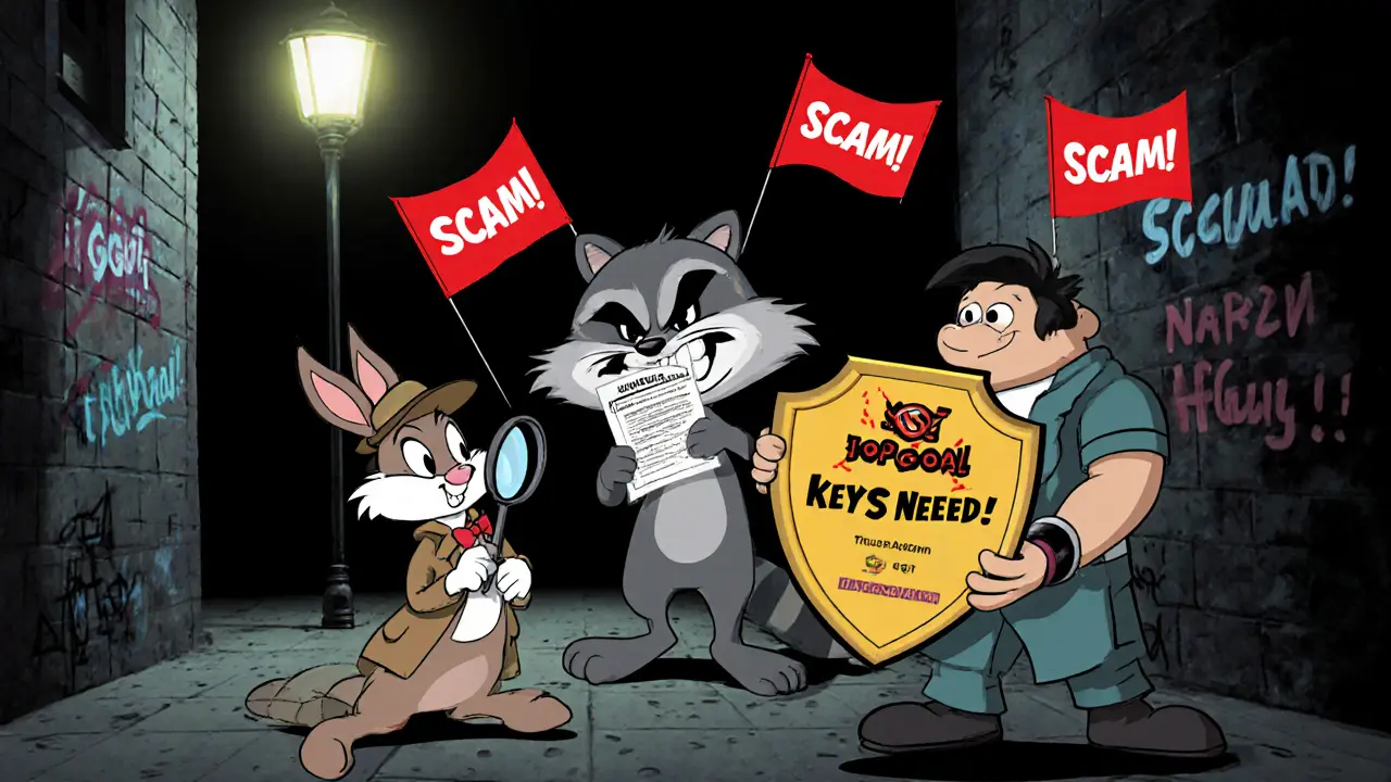 Detective rabbit exposing a scam raccoon offering fake NFT, with warning signs.