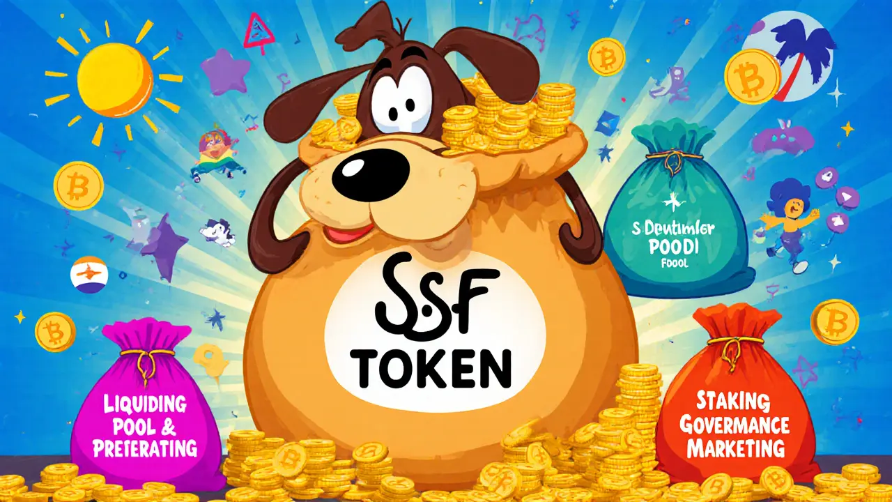 Dog with bags of SSF tokens showing distribution categories.