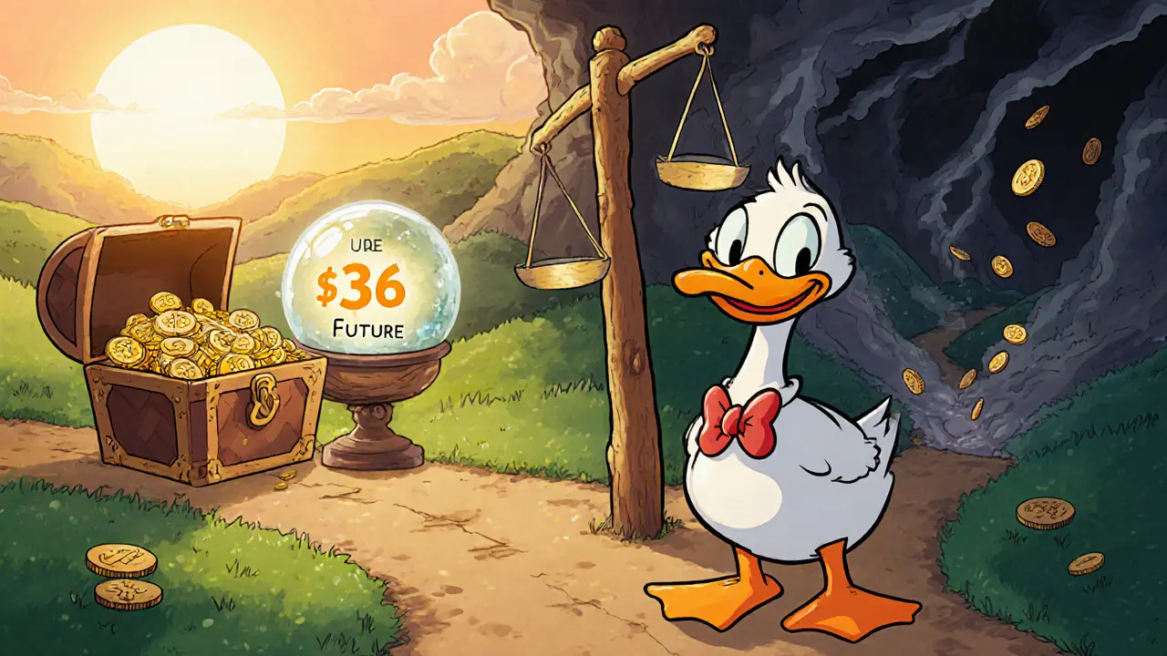 Duck investor at a crossroads weighing a treasure chest of DKEY tokens against a stormy risk path.