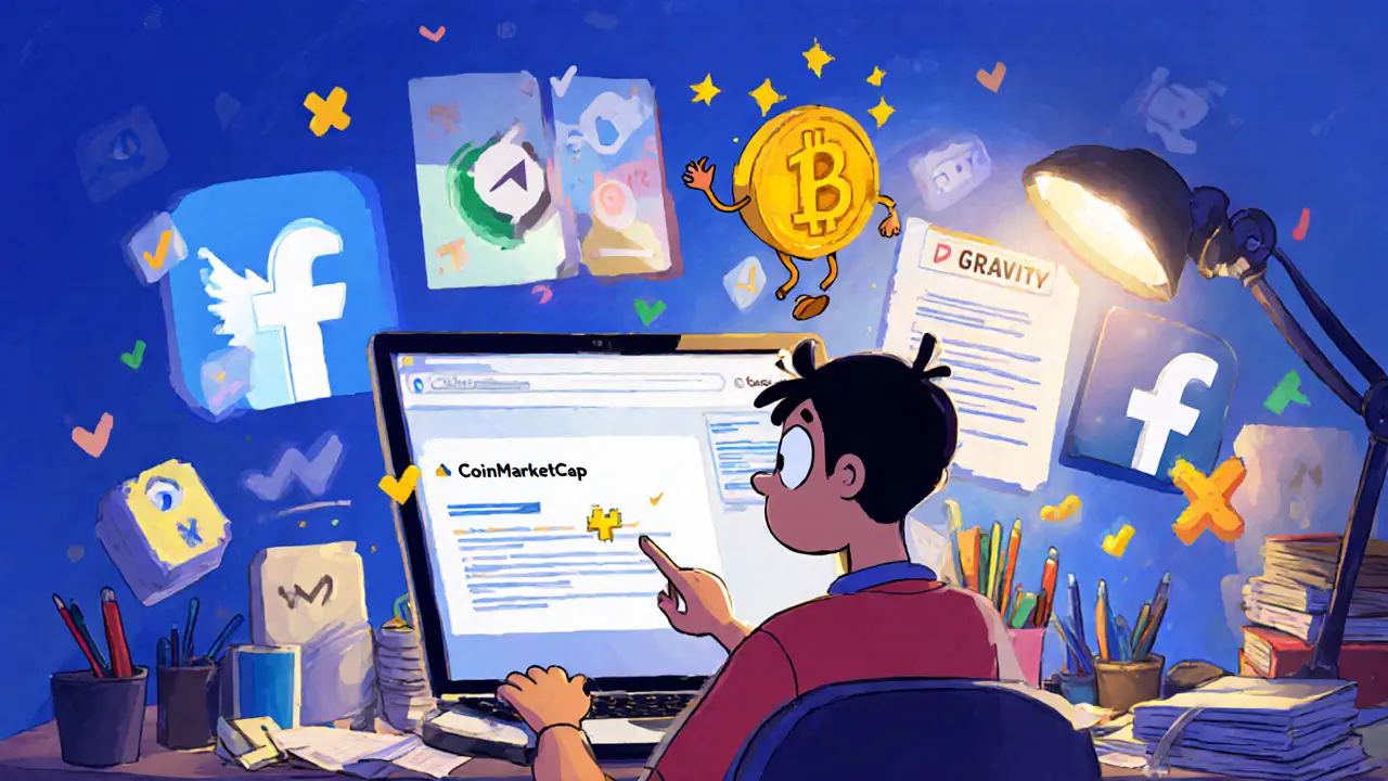 Looney Tunes style user checking Gravity page, surrounded by social media icons and GOAL token.