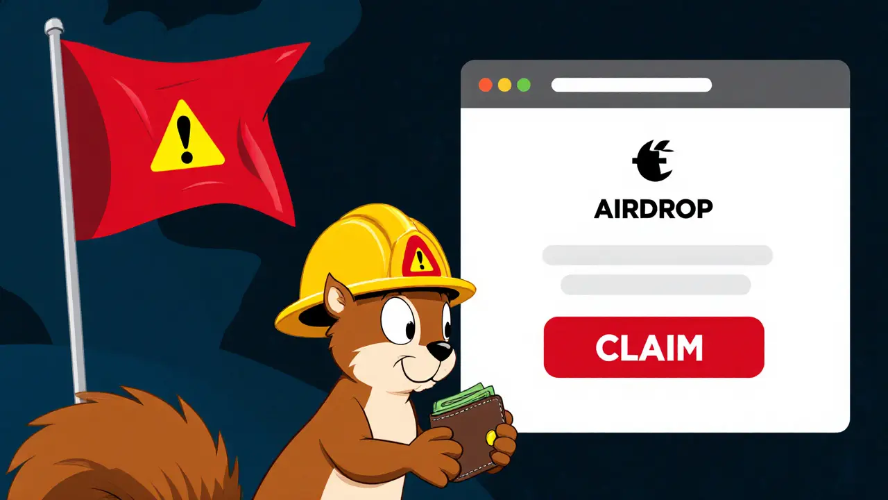 Squirrel eyeing a red flag warning before claiming tokens.