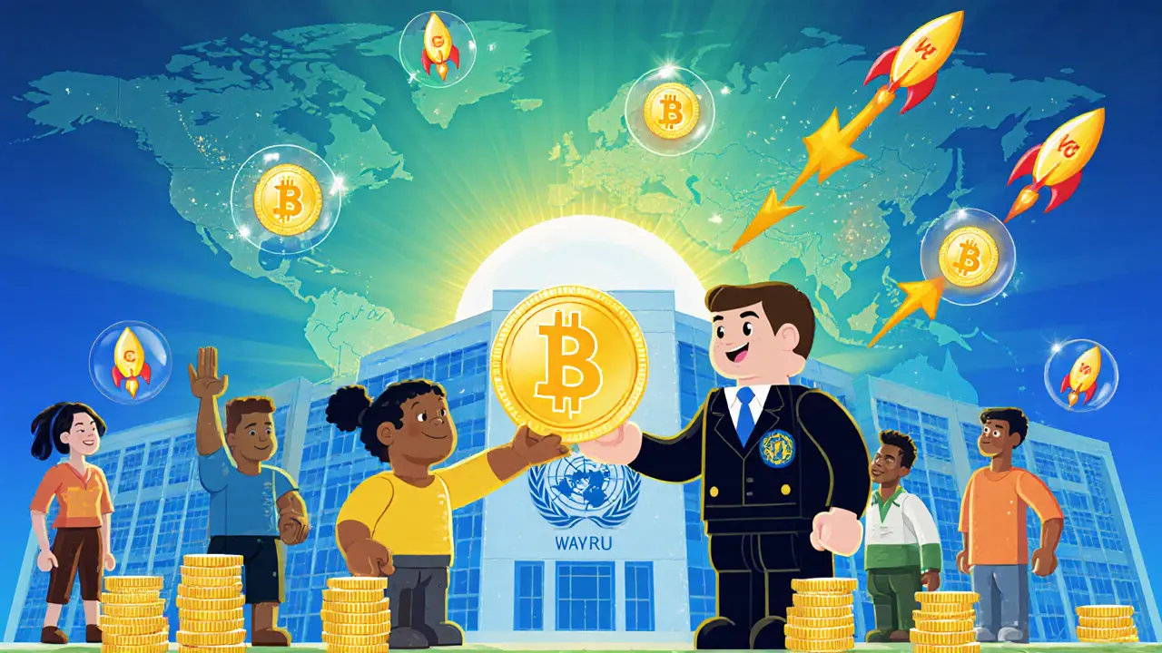 UN building handing a WAYRU coin to diverse characters as hotspots light up the world.