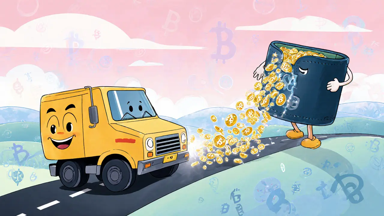 Cartoon crypto truck delivering glowing IMT tokens into a friendly wallet.