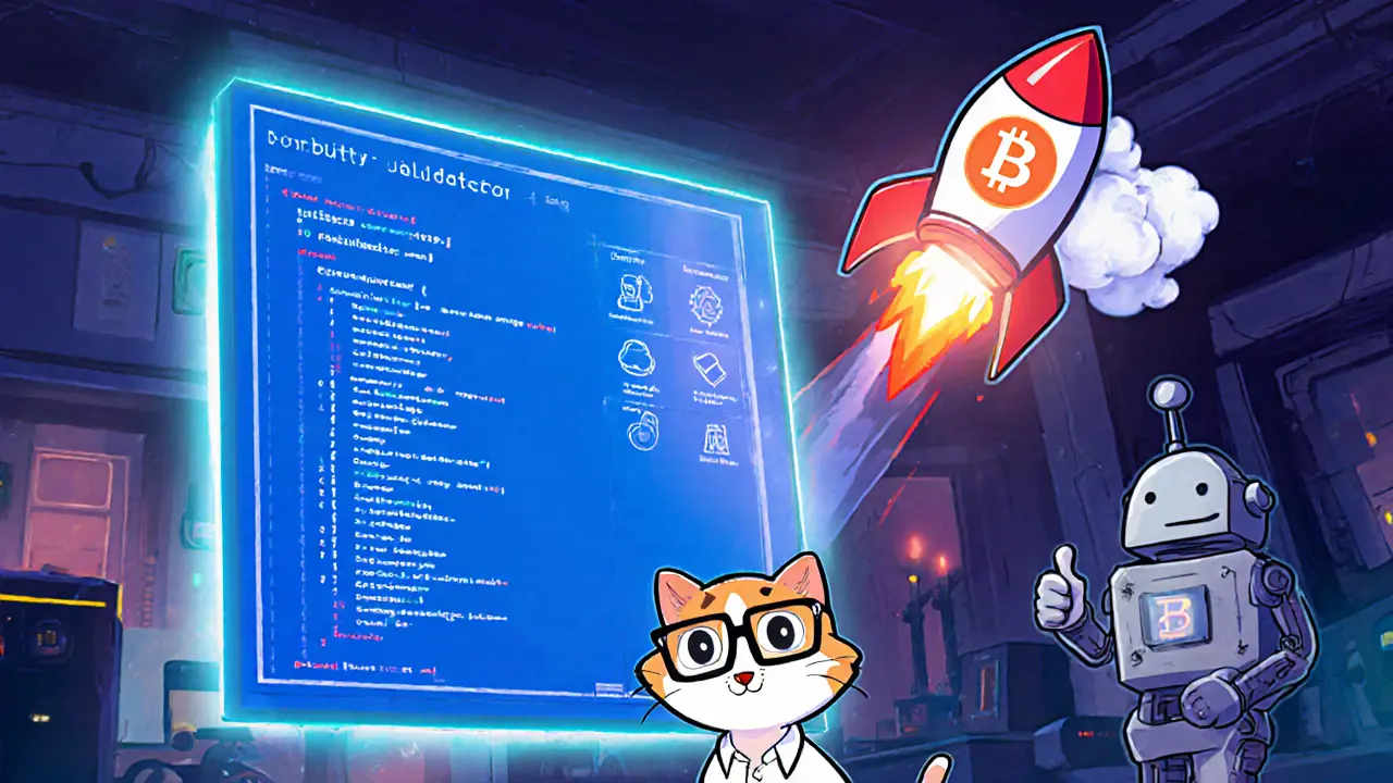 Cartoon developer launching a blockchain rocket from a floating JSON blueprint.