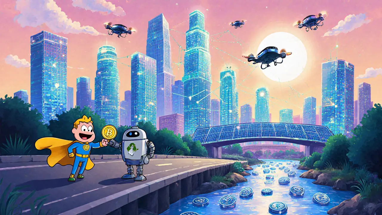 Futuristic city with AI drones, blockchain nodes, and battery hero passing a token to a recycler.