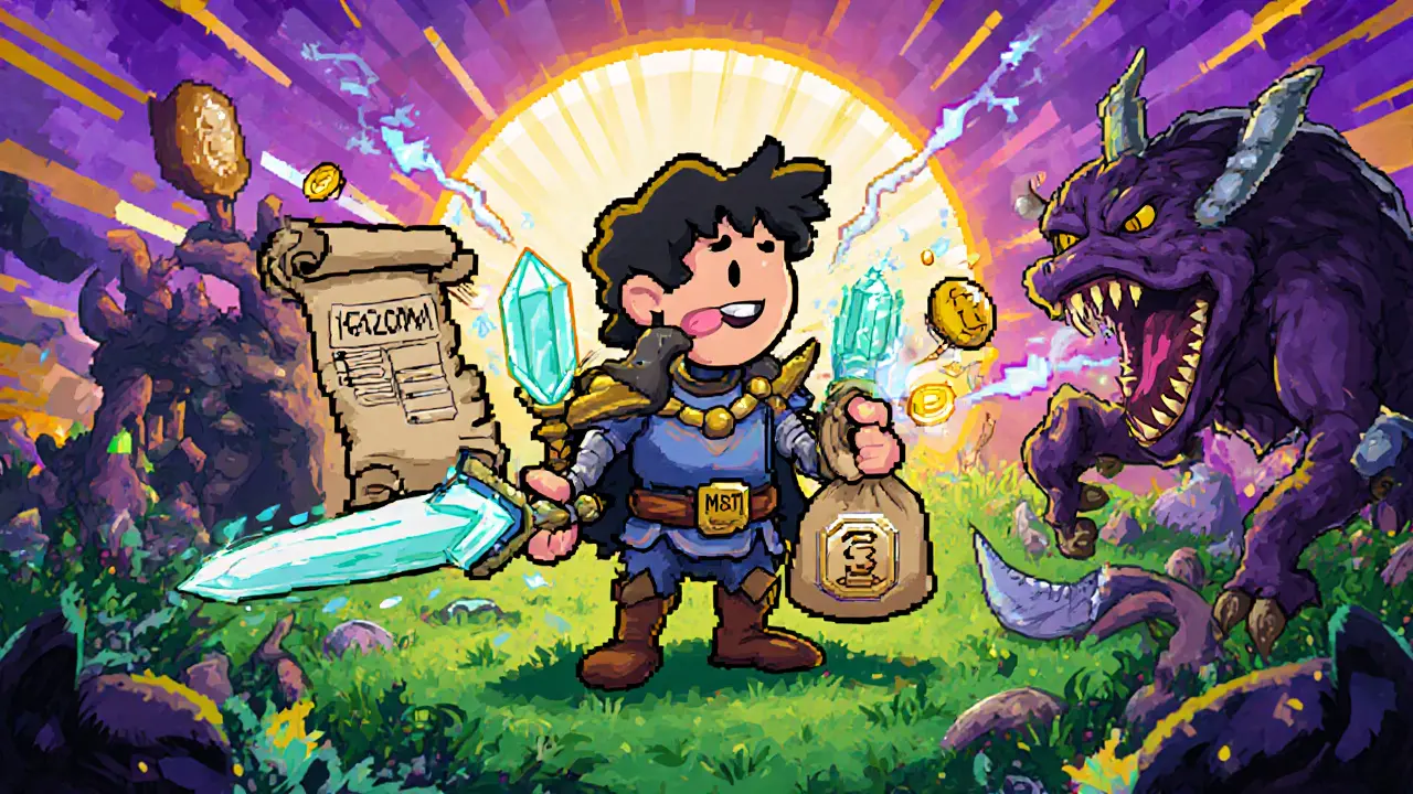Heroic Idle Mystic player holding IMT crystal and MST tokens after completing a quest.