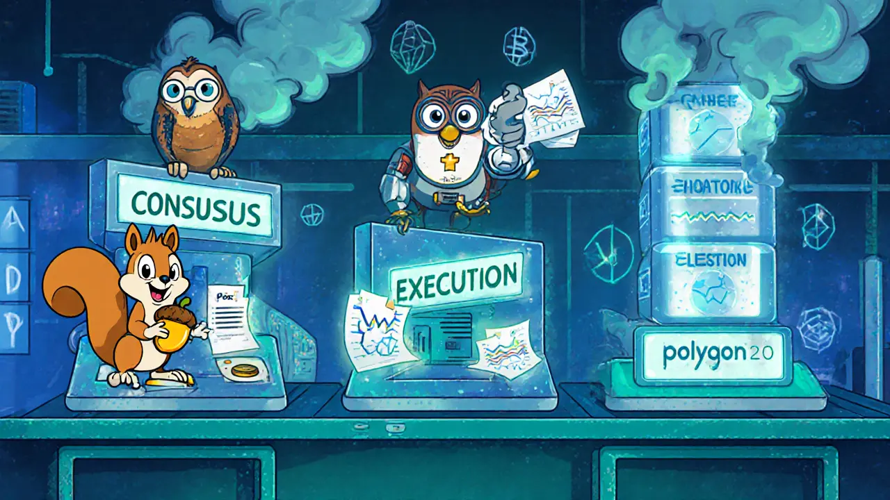 Looney Tunes factory shows consensus, execution, and data layers with AI owl and blockchain symbols.