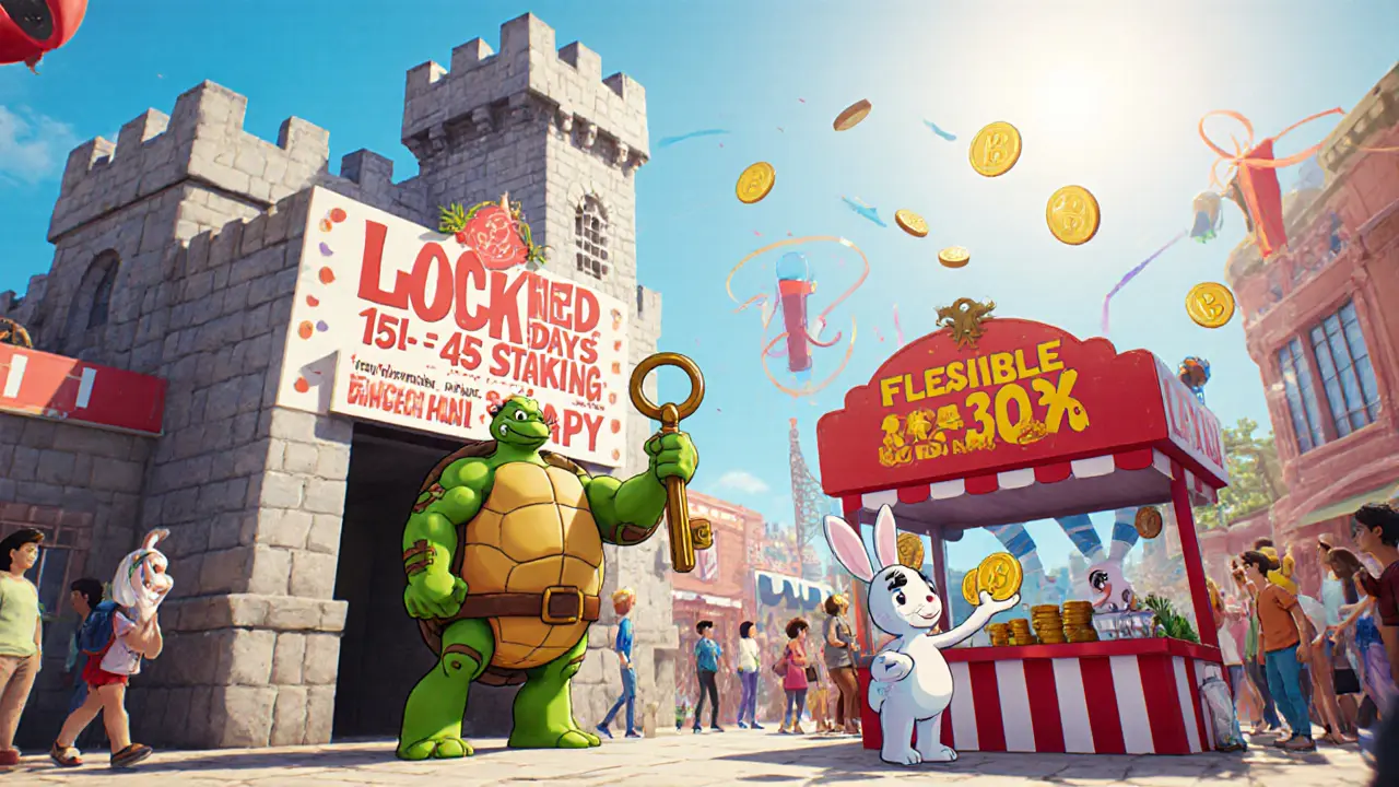 Marketplace booths showing locked staking with turtle guard and flexible staking with rabbit mascot.