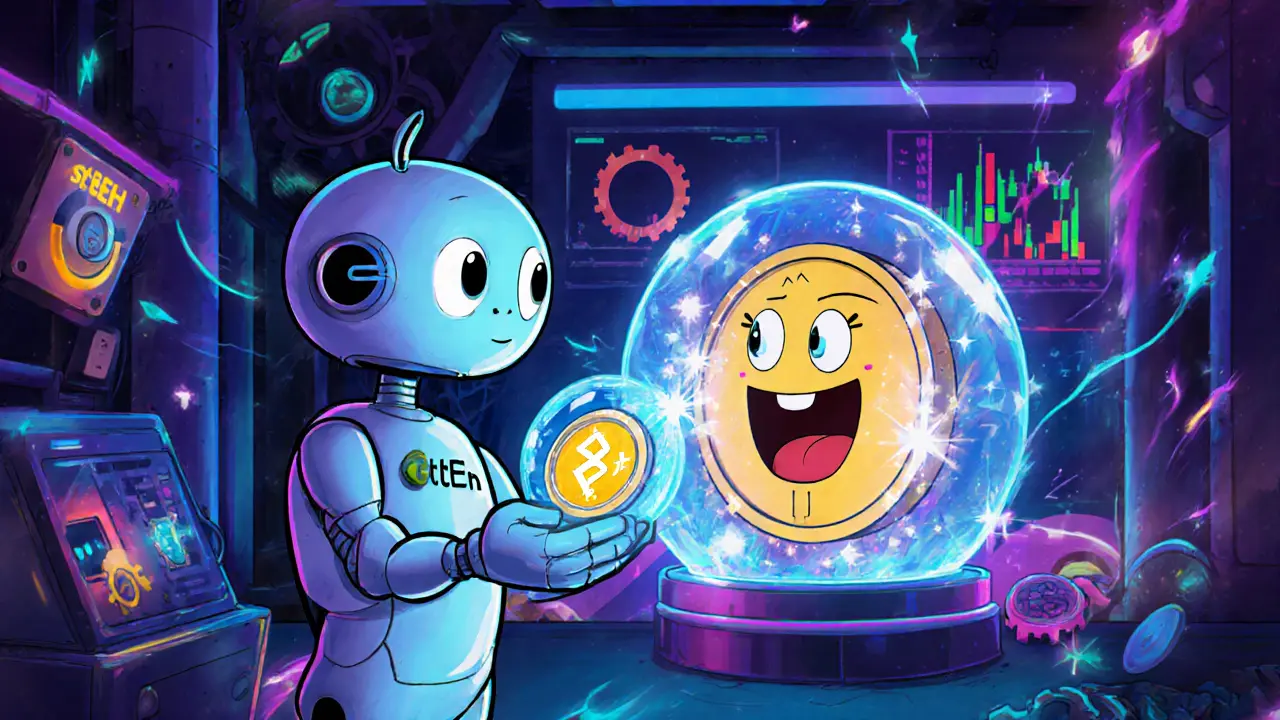 Robot Lido giving a glowing stETH token while original ETH stays locked in a crystal.