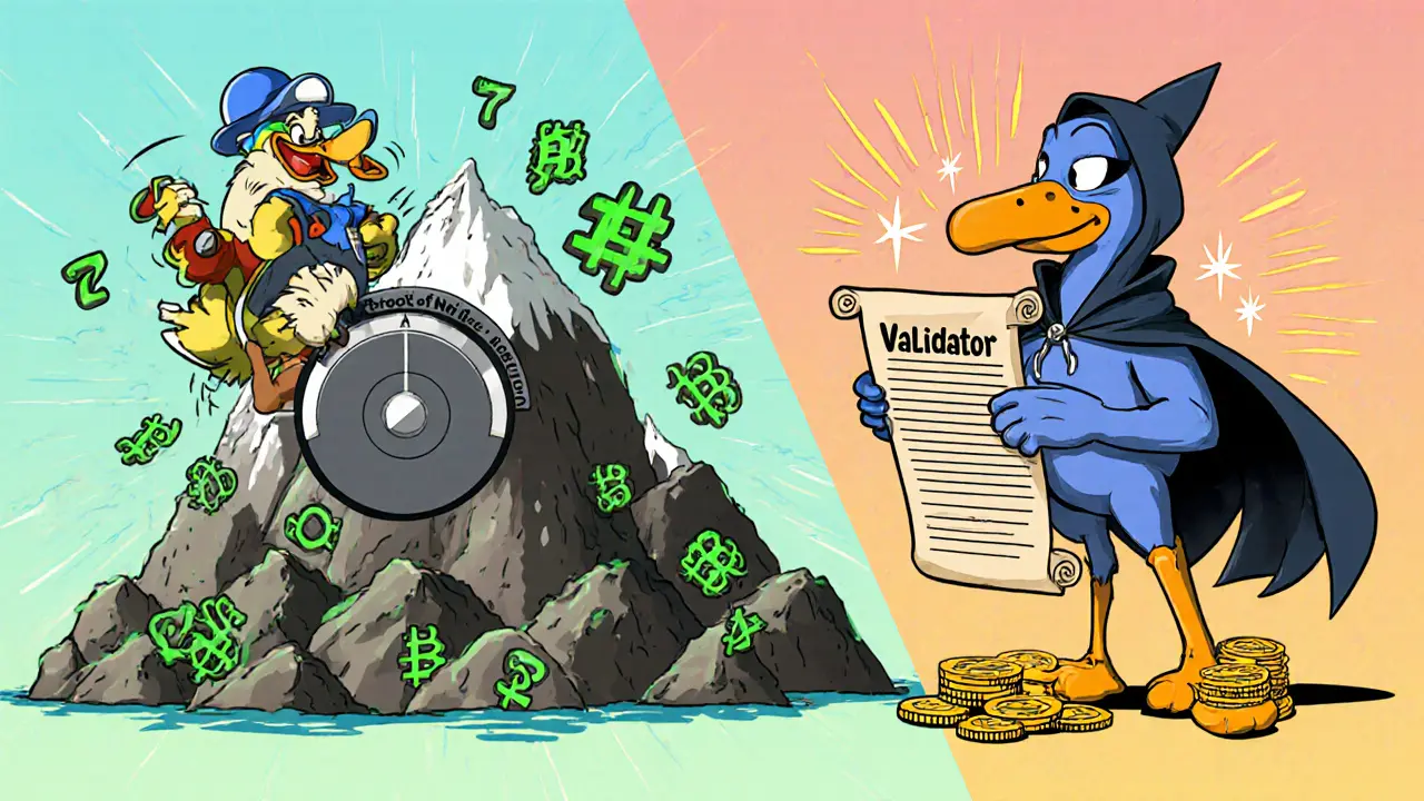 Split scene of a duck mining PoW and a bird validator with coins for PoS.