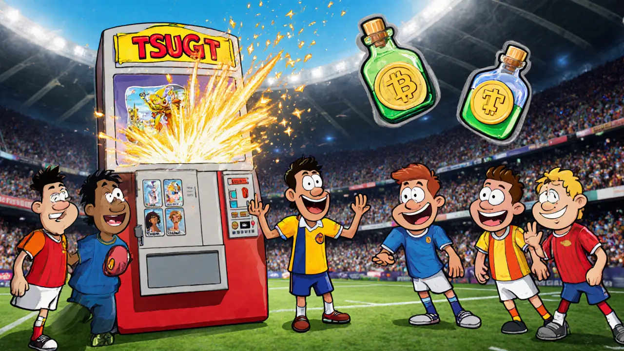 Cartoon arena scene showing players buying tickets, an NFT fusion machine, and power‑up buffs.