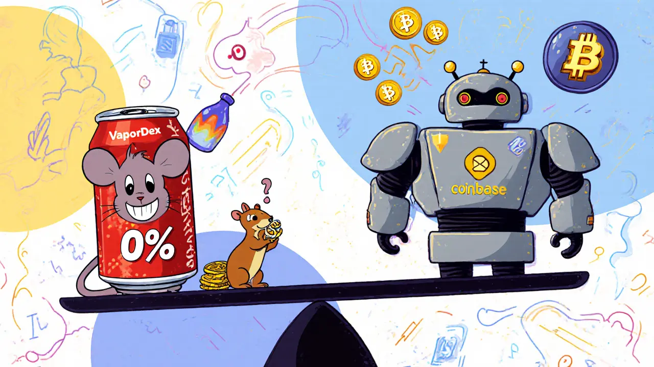 Cartoon scale compares VaporDex's zero fees to regulated exchanges, showing pros and cons.