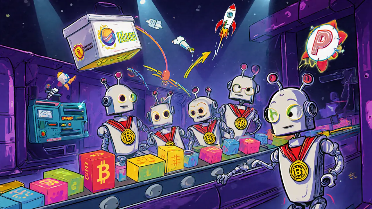 Cartoon validator robots stamp blockchain blocks on a conveyor belt inside a tech lab.