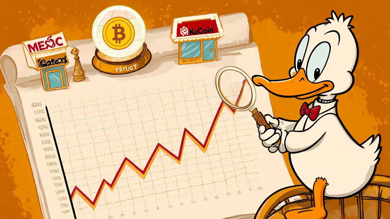 Goofy duck investor looks at a roller‑coaster price chart and exchange storefronts.
