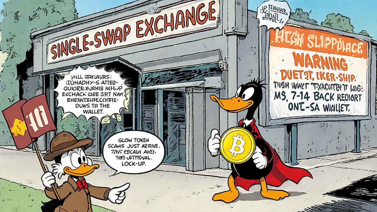 Hero receives DUET tokens, sees exchange warning sign, and detective duck warns of scams.