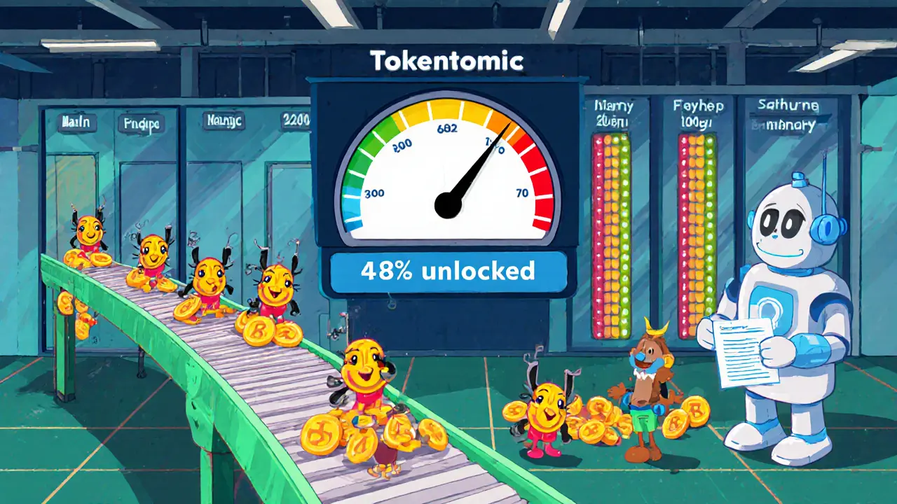 Playful factory scene shows DUET token supply, unlock gauge, and Galxe robot distributing forms.