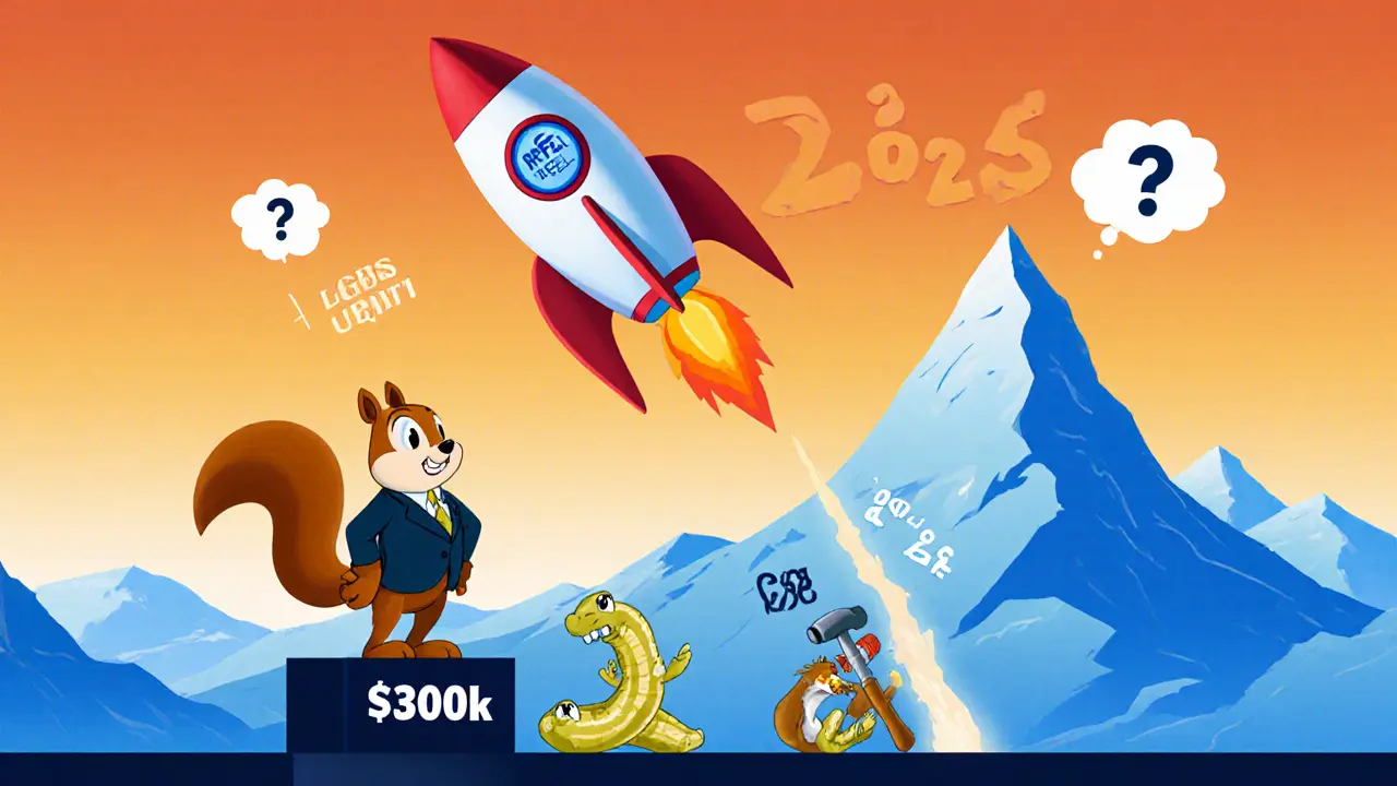 Squirrel investor watches a RFUEL rocket rise, with risk characters representing liquidity and competition.