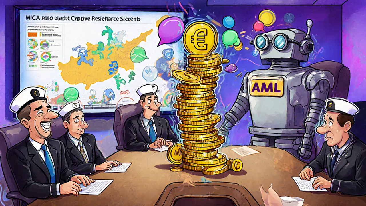Cartoon boardroom with quirky directors, euro coin pillar, and an AML robot data screen.