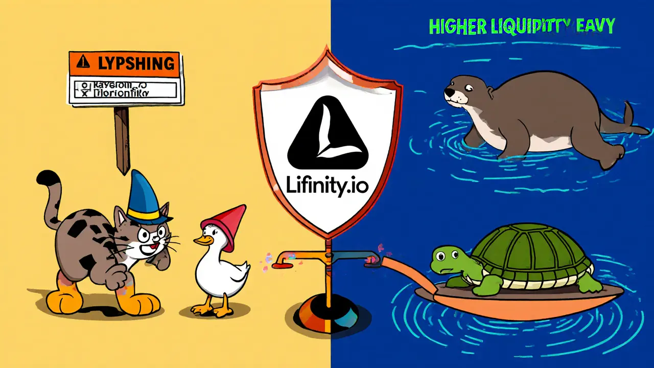 Cartoon duck avoids phishing site while Raydium turtle and Orca otter swim nearby.