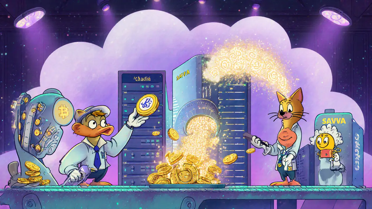 Cartoon engineers mint glowing NFT badges and distribute golden SAVVA coins on a conveyor belt.
