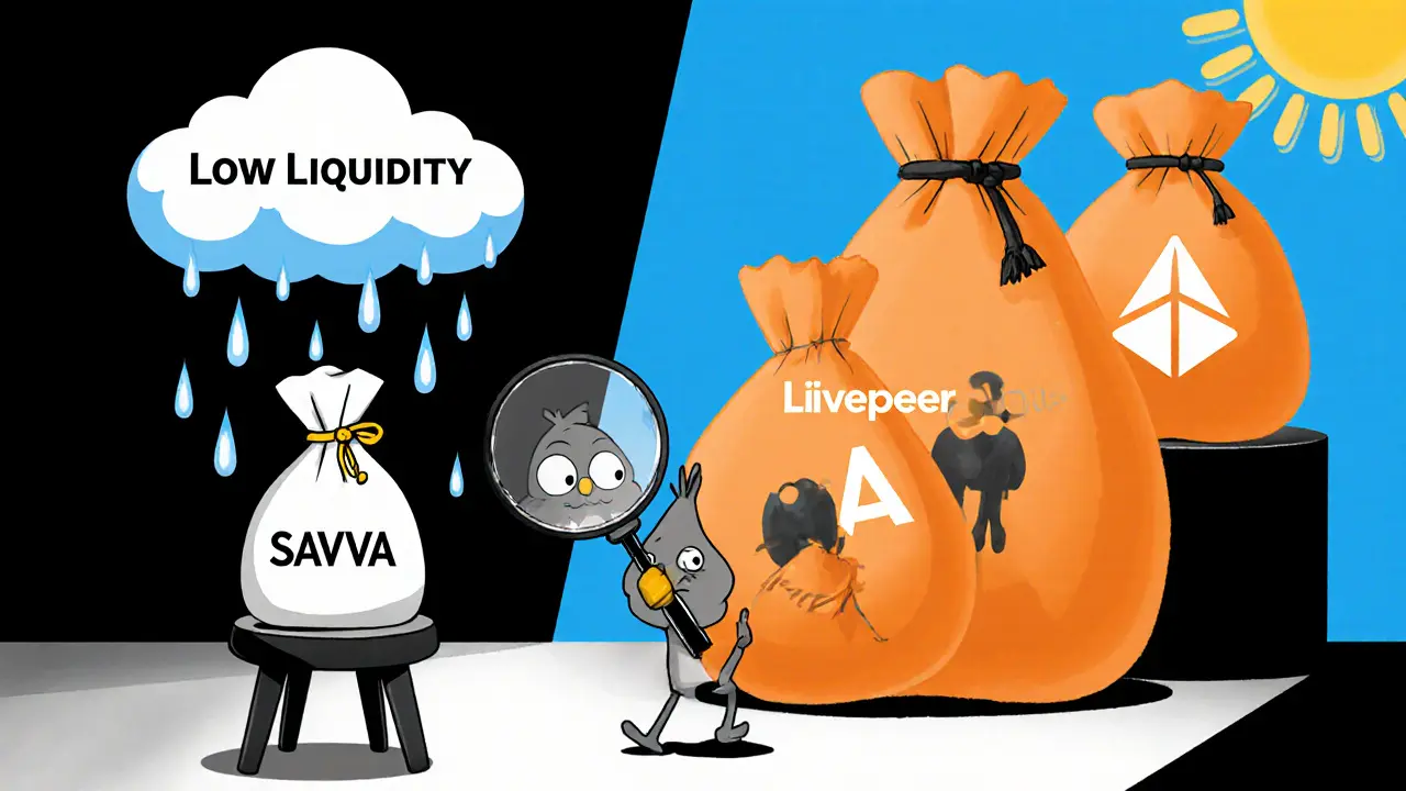 Cartoon market showdown shows tiny SAVVA token under a rain cloud versus big, sunny tokens.