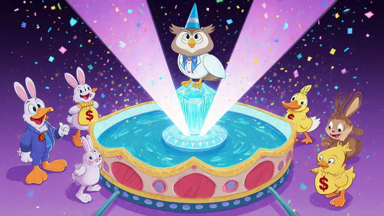 Cartoon owl oracle feeds price data to a pool with happy liquidity providers.