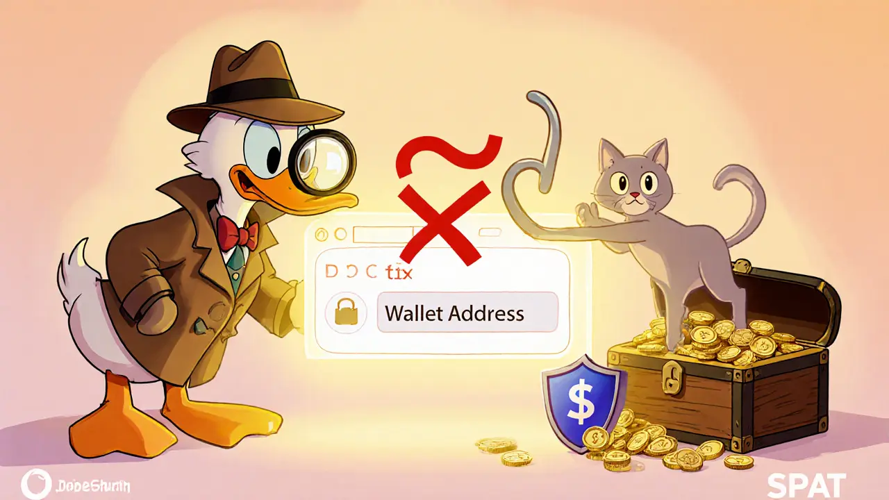 Detective duck protects a crypto wallet from phishing, with SPAT token chest nearby.