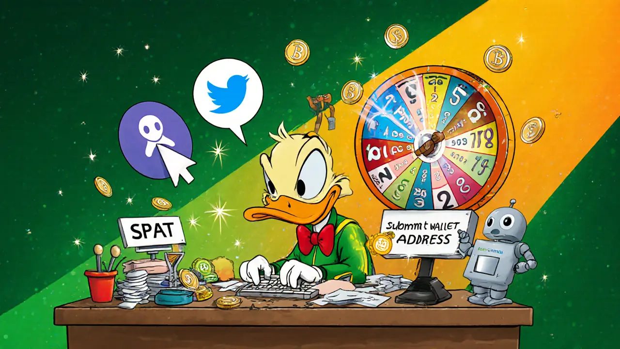 Duck character submits wallet via Telegram bot while SPAT tokens sparkle around.