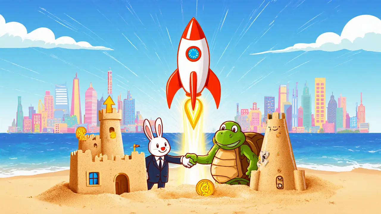 Sandbox beach scene where companies launch a token rocket toward an EU skyline.