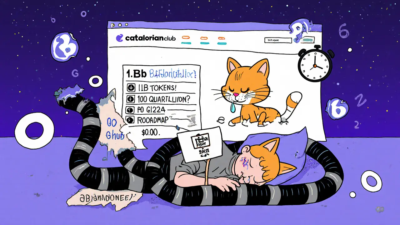 A cartoon website banner with conflicting token numbers and a sleeping developer under a crumbling roadmap.