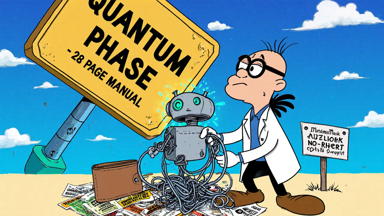 A nervous user struggling to connect a robot to a wallet, with a giant manual falling from the sky.