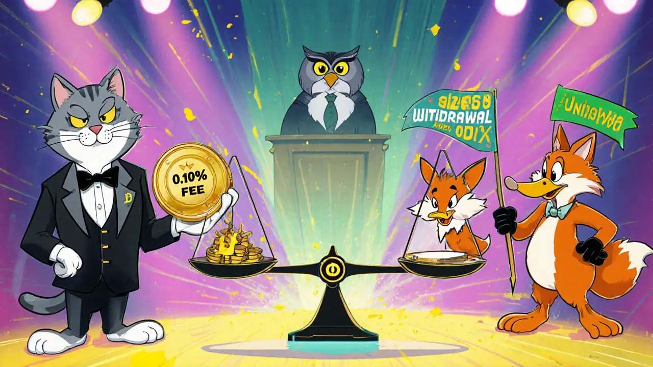 Animated courtroom shows DDEX with low fees versus other exchanges holding higher fee signs.