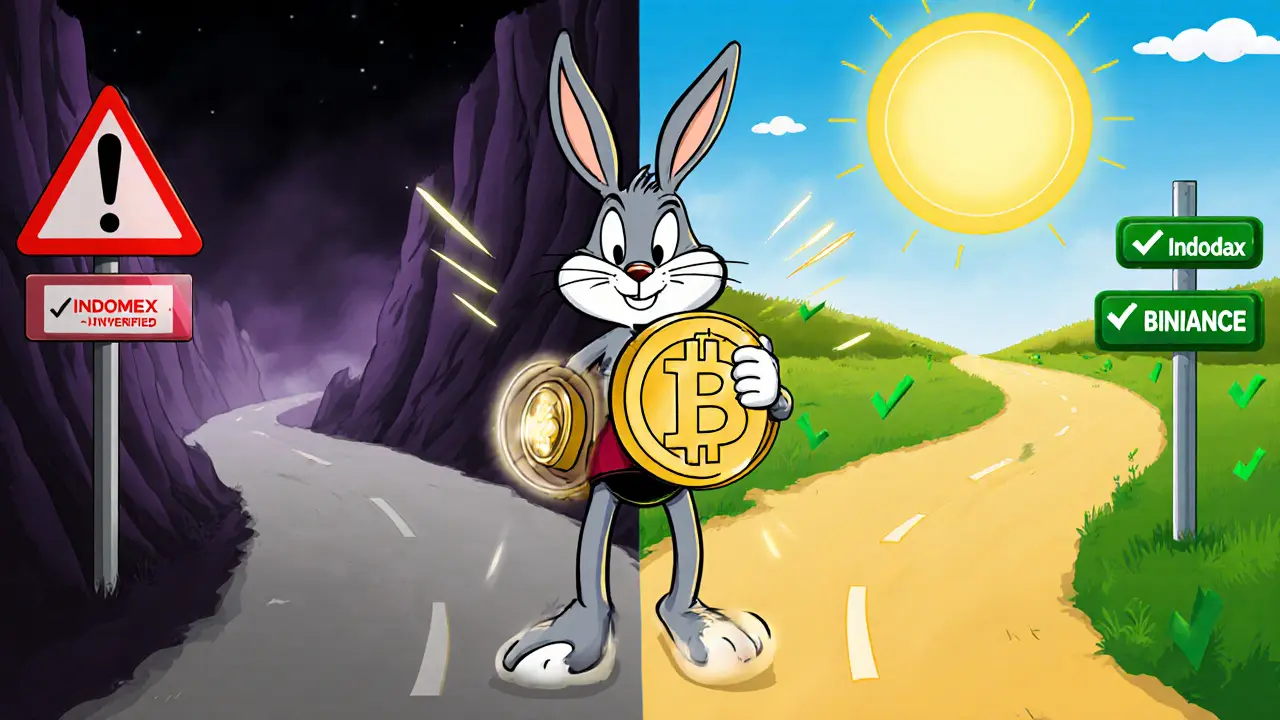 Cartoon rabbit holds Bitcoin and shield, choosing between a risky INDOMEX path and safe exchanges.