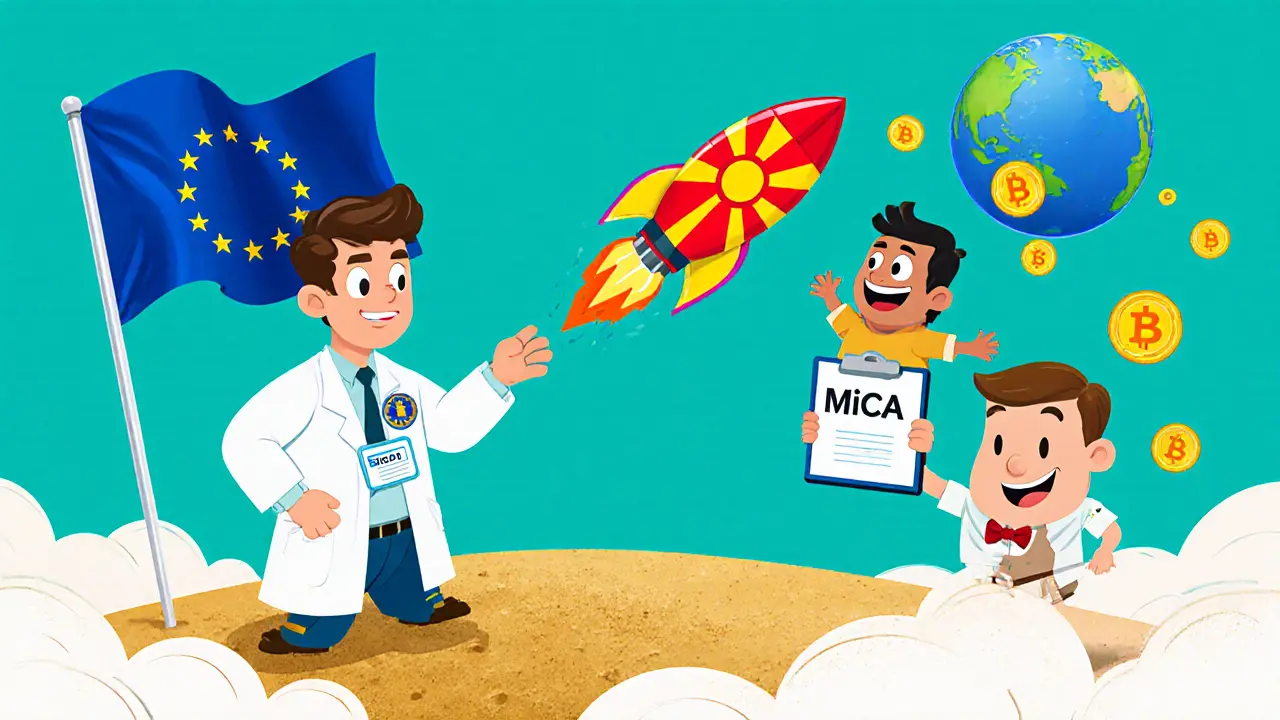 Cartoon startup launches token rocket in a sandbox with EU flag and regulator mascot.