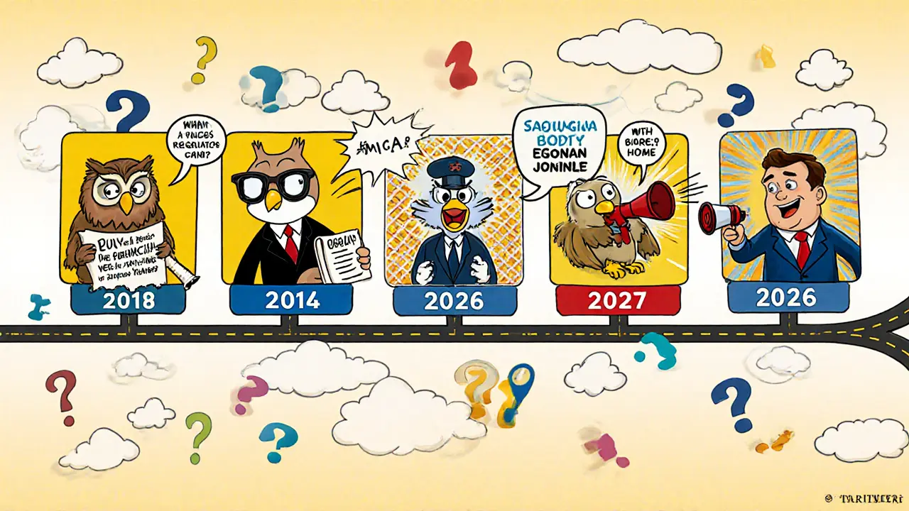 Cartoon timeline shows NBRM owl, EU official, and politician marking crypto regulation years.