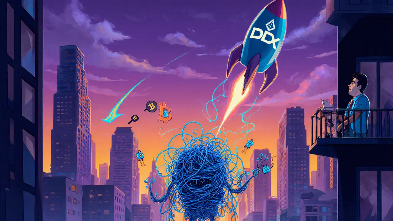 DDEX rocket lifts off in a city sky, chased by a gas‑fee monster and helped by layer‑2 robot sprites.