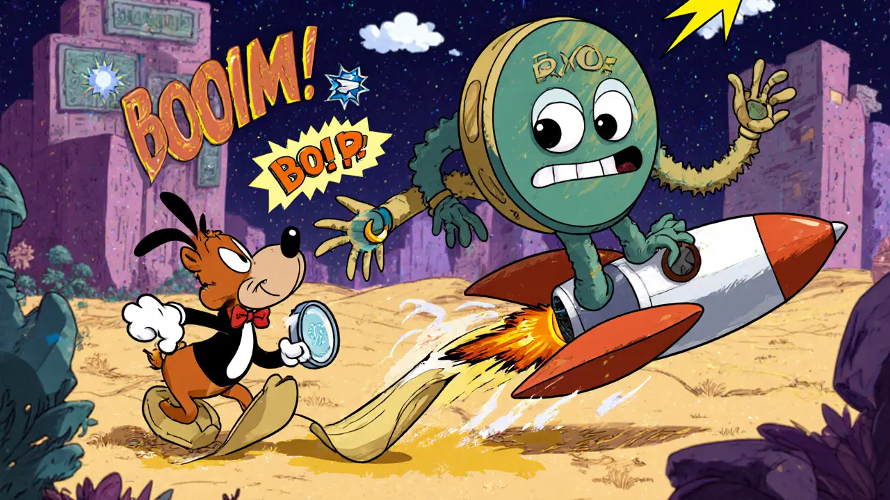 Elmer Fudd buying virtual land in The Sandbox that turns into banana peels, chased by an Axie and SEC regulator.