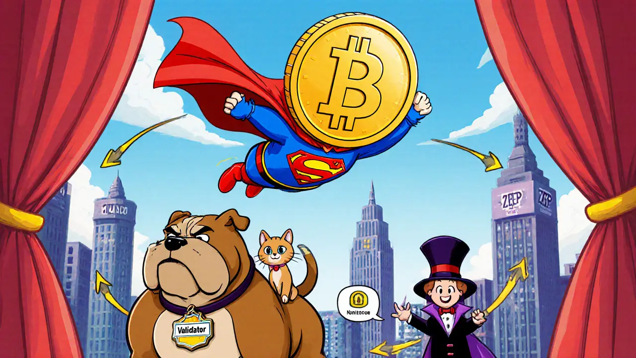 Heroic VARA coin flies over blockchain city with validator dog, nominator cat, and ZKP magician.