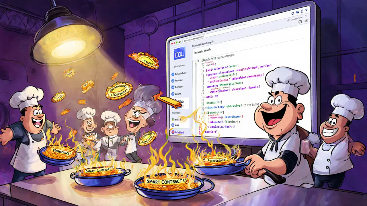 Looney Tunes style dev kitchen shows actors, Rust code, and WebAssembly cooking in parallel.
