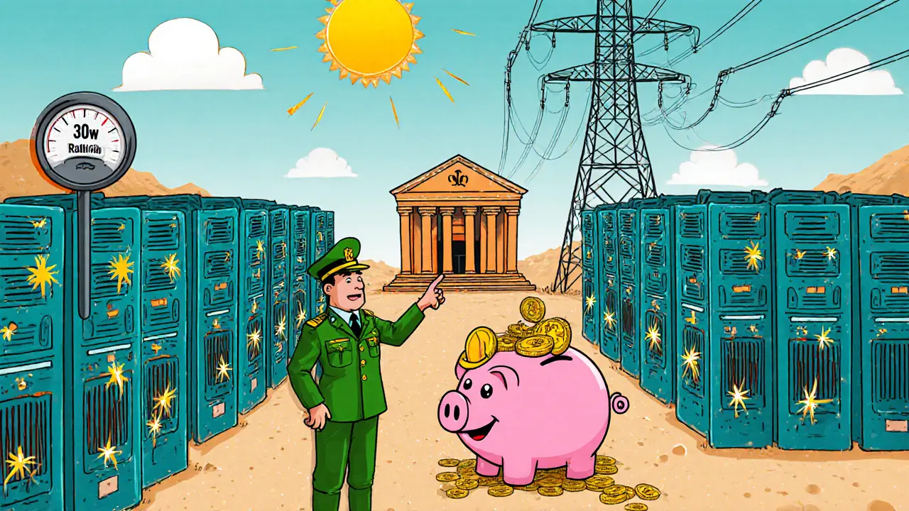 Looney Tunes style mining farm with oversized rigs, IRGC general, and a piggy‑bank Central Bank receiving Bitcoins.