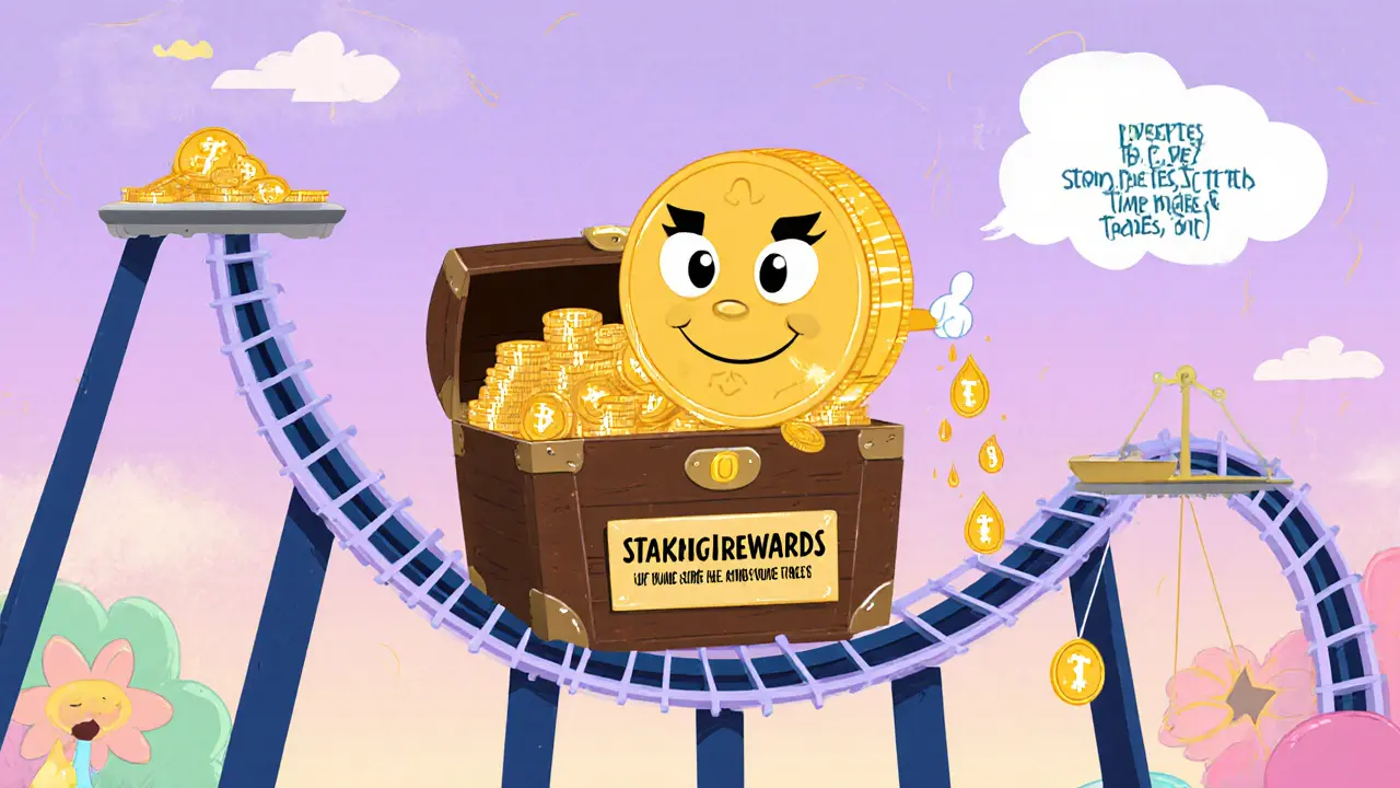 ORN coin rides a roller coaster of staking rewards beside a scale of pros and cons.