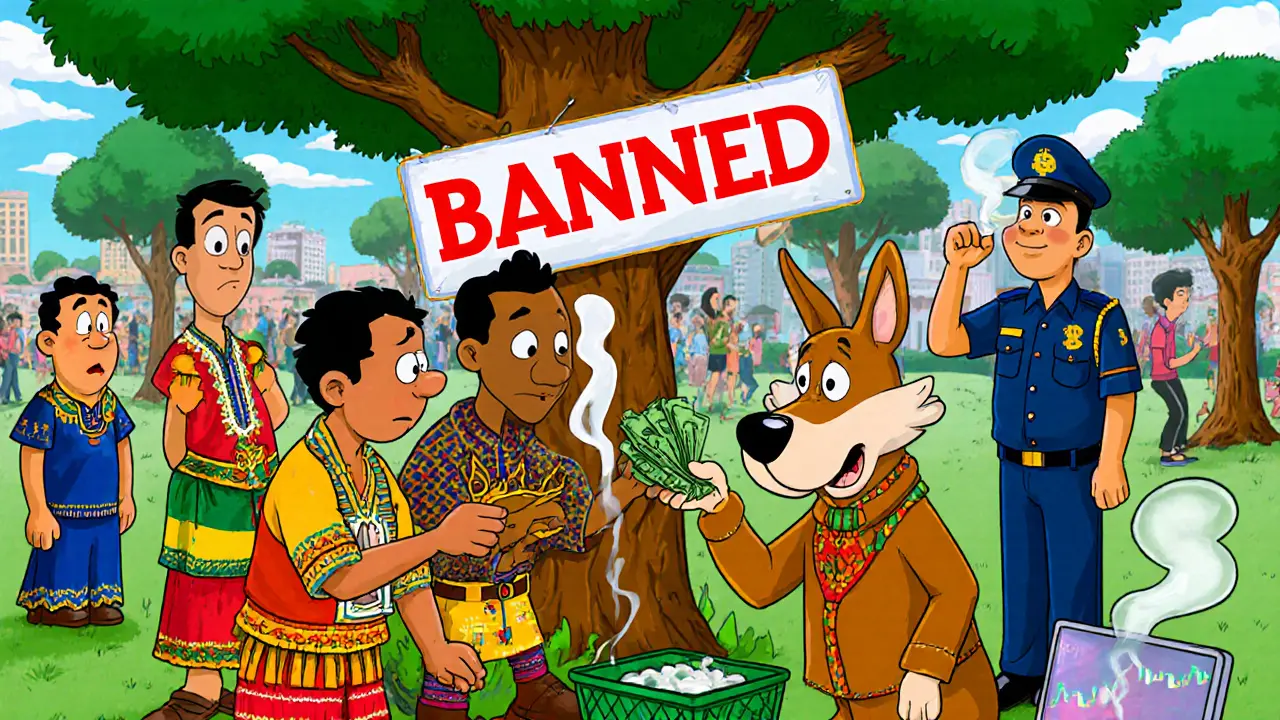 People secretly trading Bitcoin cash in a park under a banned sign