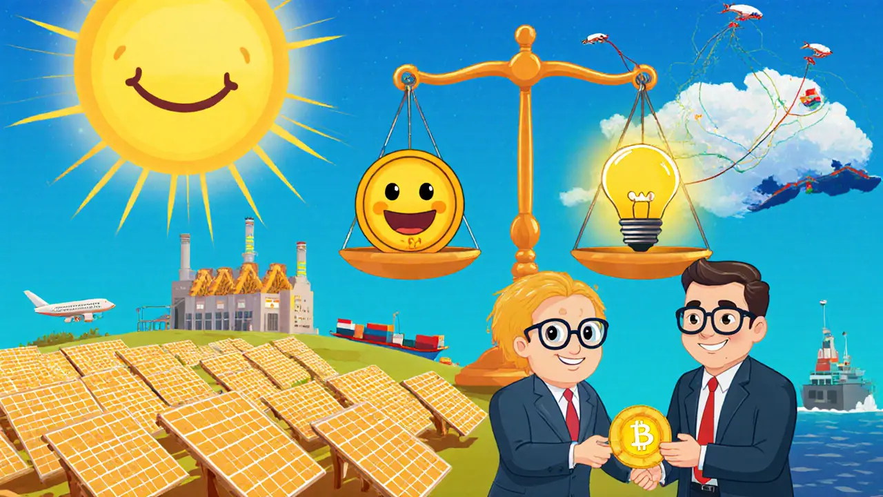 Solar‑powered mining site with a balance scale of Bitcoin and energy, and regulators shaking hands.