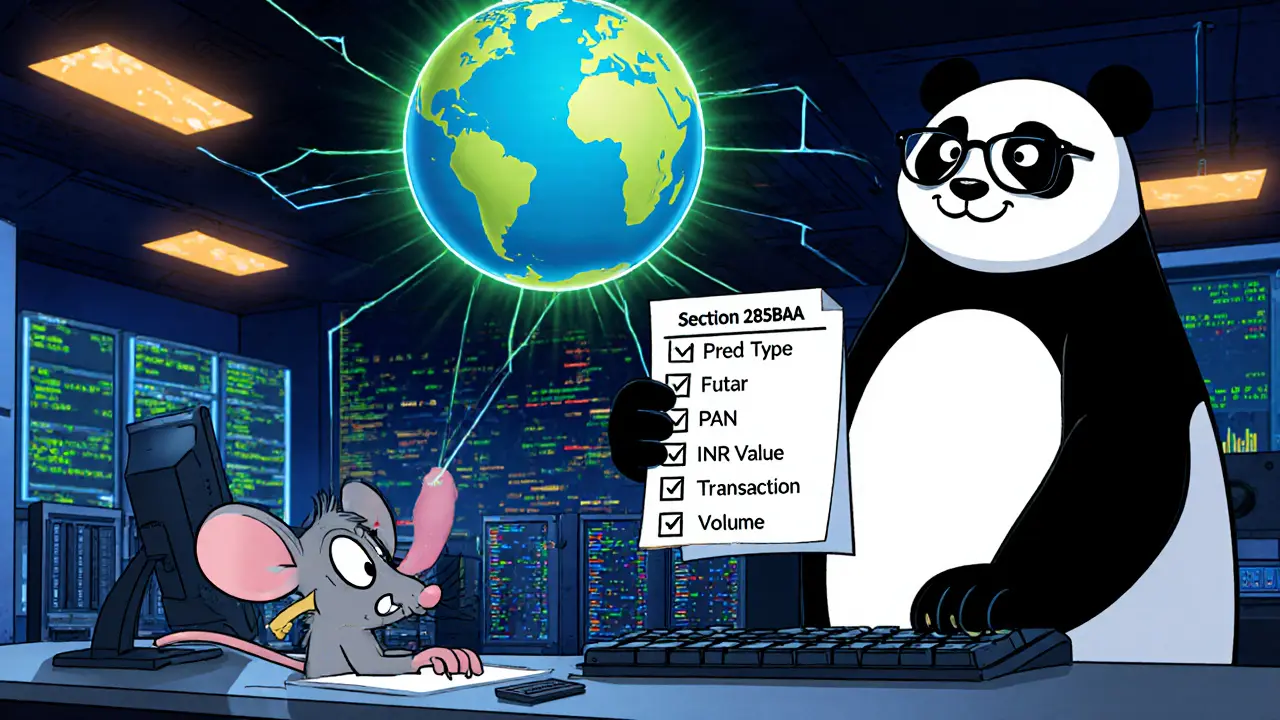 Tech mouse types XML files while panda holds Section 285BAA checklist.