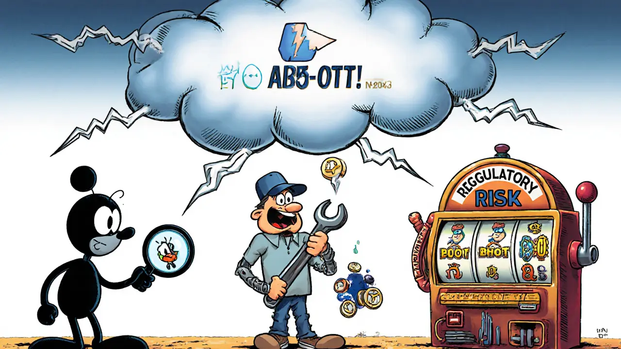 Three characters interacting with Syntor AI: experimenter, developer, and gambler under a regulatory storm cloud.